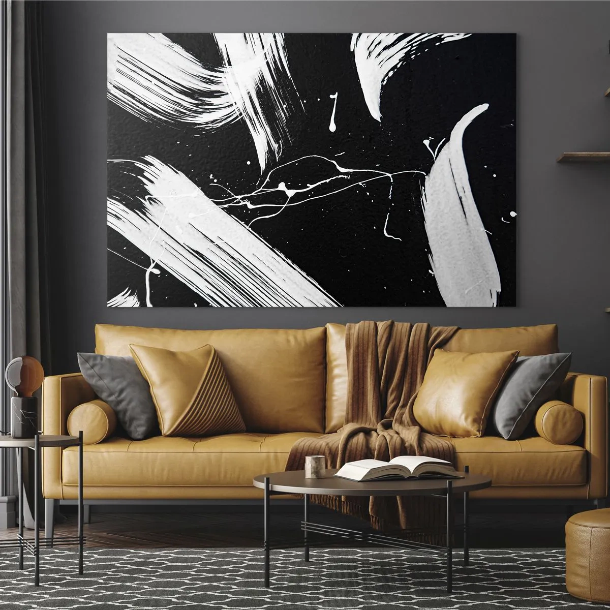 Obraz na skle - Ťahy bieleho štetca na čiernom pozadí - 70x50cm - Prelomiť temnotu - Moderná nástenná dekorácia do obývacej izby a spálne ARTTOR
