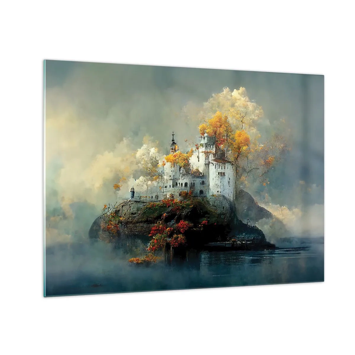 Obraz na skle - Hrad na skale obklopený hmlou a jesennými stromami - 70x50cm - Začiatok romantického príbehu - Moderná nástenná dekorácia do obývacej izby a spálne ARTTOR