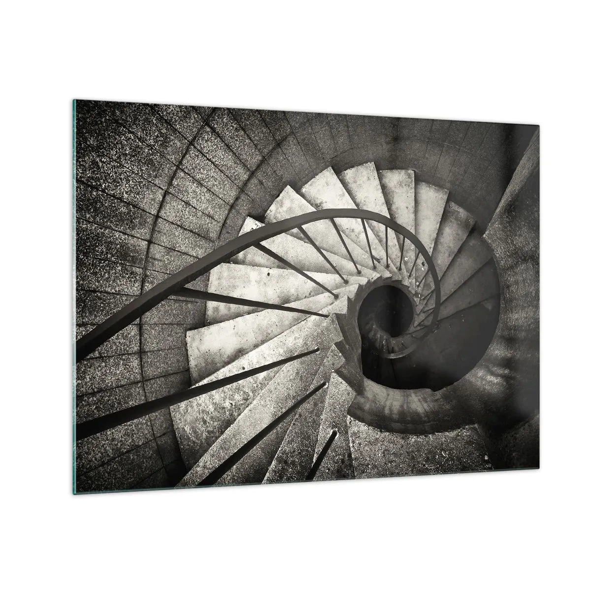 Obraz na skle - Čiernobiele točité schodisko z vtáčej perspektívy - 70x50cm - Hore po schodoch, dole po schodoch - Moderná nástenná dekorácia do obývacej izby a spálne ARTTOR