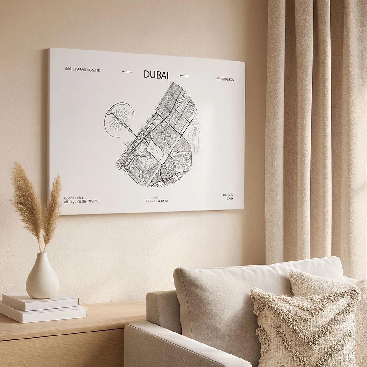Obraz na plátne - Minimalistická čiernobiela mapa Dubaja s vyznačenými polohami. - 70x50cm - Anatómia Dubaja - Moderná nástenná dekorácia do obývacej izby a spálne ARTTOR