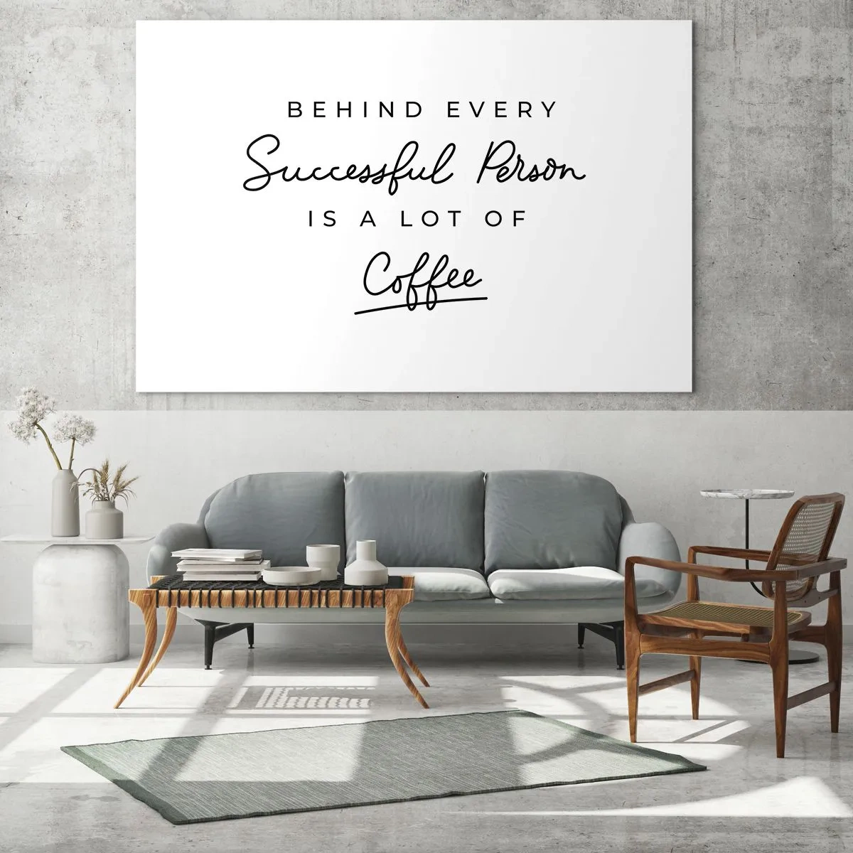 Obraz na skle - Motivačný citát o úspechu a káve v minimalistickom štýle. - 70x50cm - Tajomstvo úspechu - Moderná nástenná dekorácia do obývacej izby a spálne ARTTOR