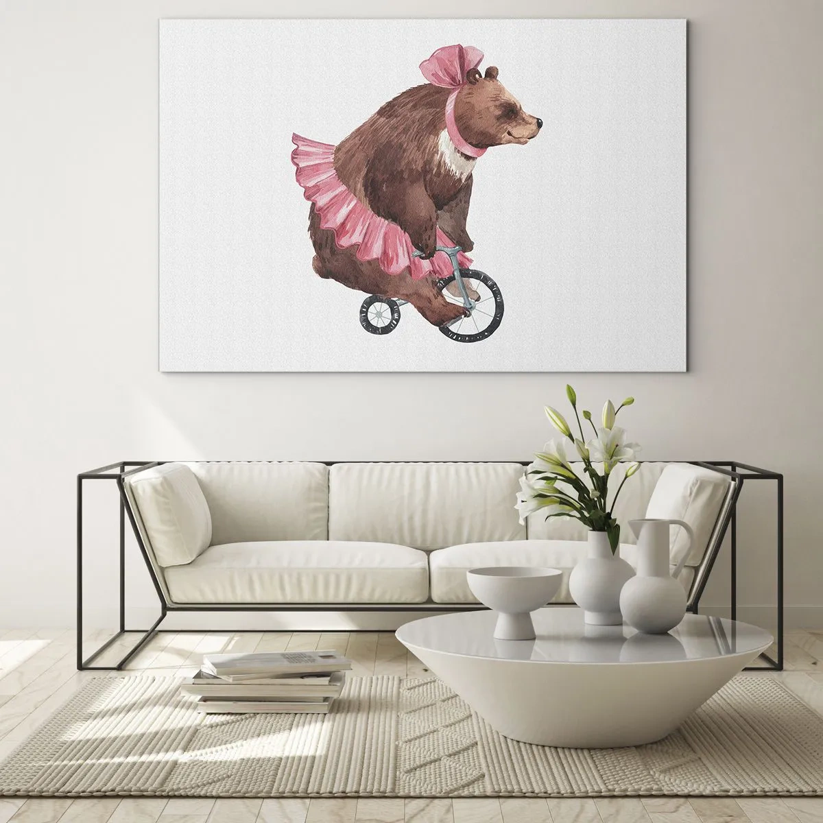 Obraz na skle - Medveď v ružovej sukni na jednokolke - 70x50cm - To je ale cirkus! - Moderná nástenná dekorácia do obývacej izby a spálne ARTTOR
