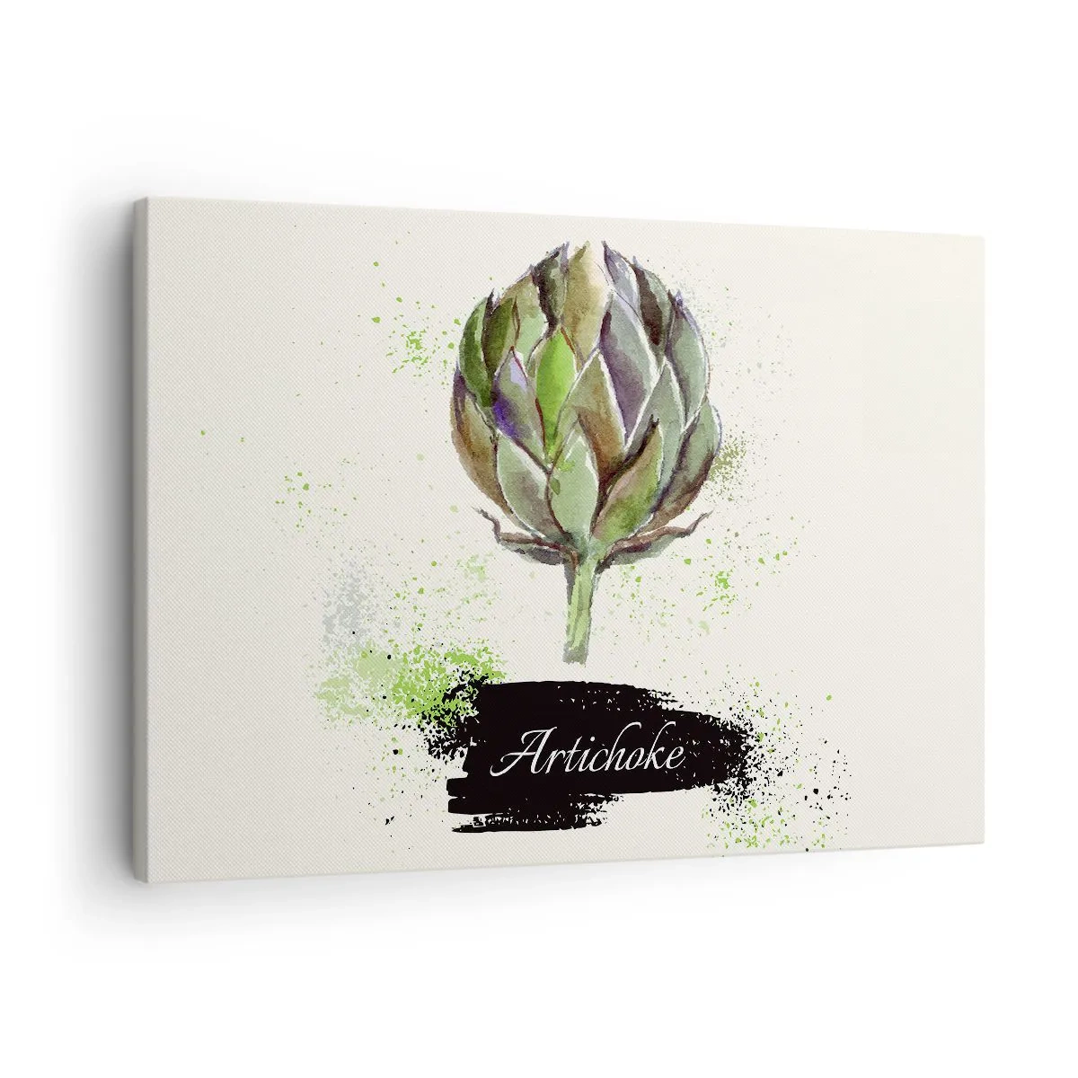 Obraz na plátne - Akvarelová artičoka s textom na svetlom pozadí so zelenými akcentmi - 70x50cm - Nech žije zelenina! - Moderná nástenná dekorácia do obývacej izby a spálne ARTTOR