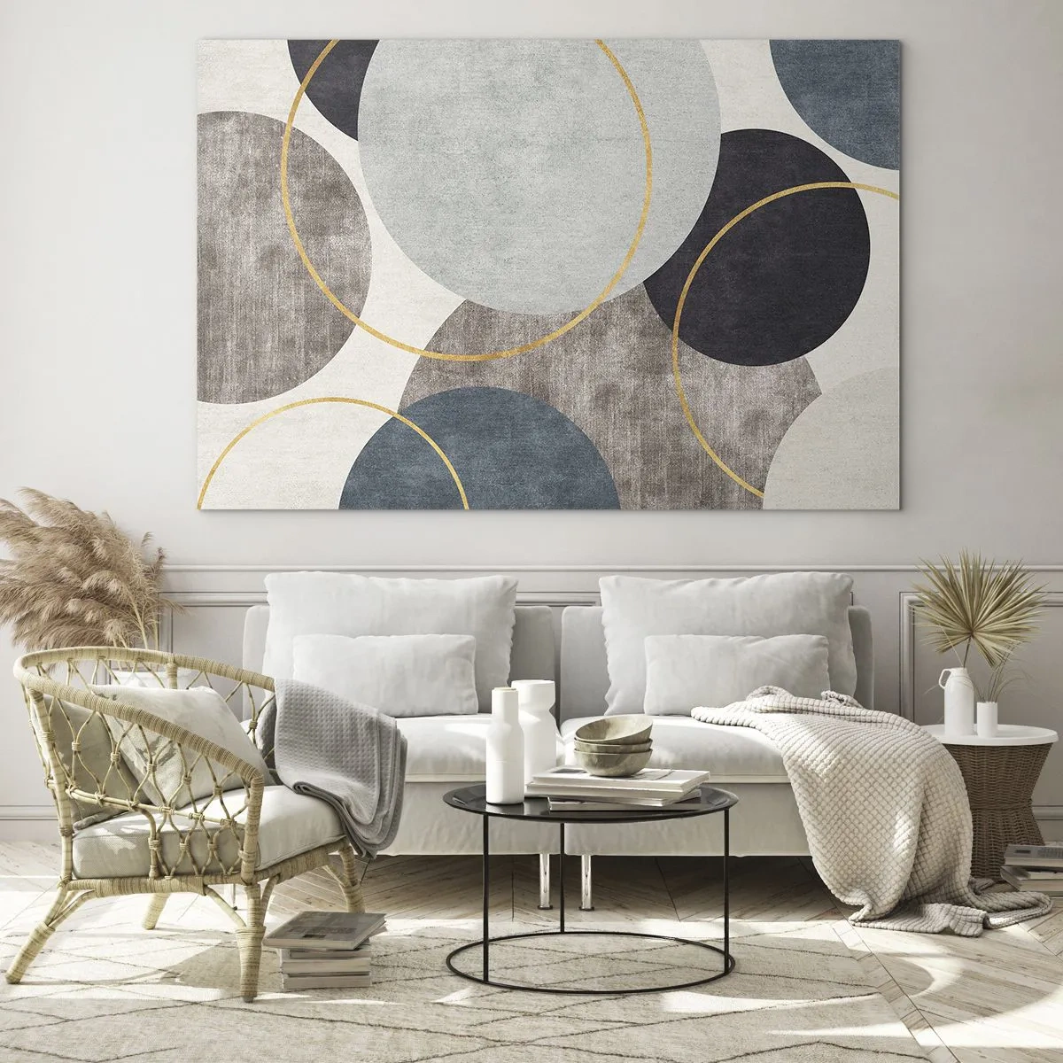 Obraz na skle - Kompozícia kruhov v tlmených farbách - 70x50cm - Kruh za kruhom - Moderná nástenná dekorácia do obývacej izby a spálne ARTTOR