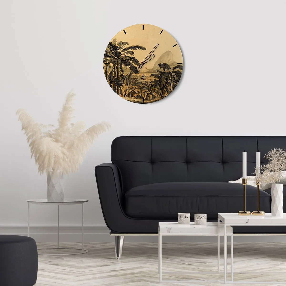 Nástenné hodiny - Banány a retro tropická krajina - 30x30cm - V koloniálnom štýle - Moderná nástenná dekorácia do obývacej izby, kuchyne a spálne ARTTOR