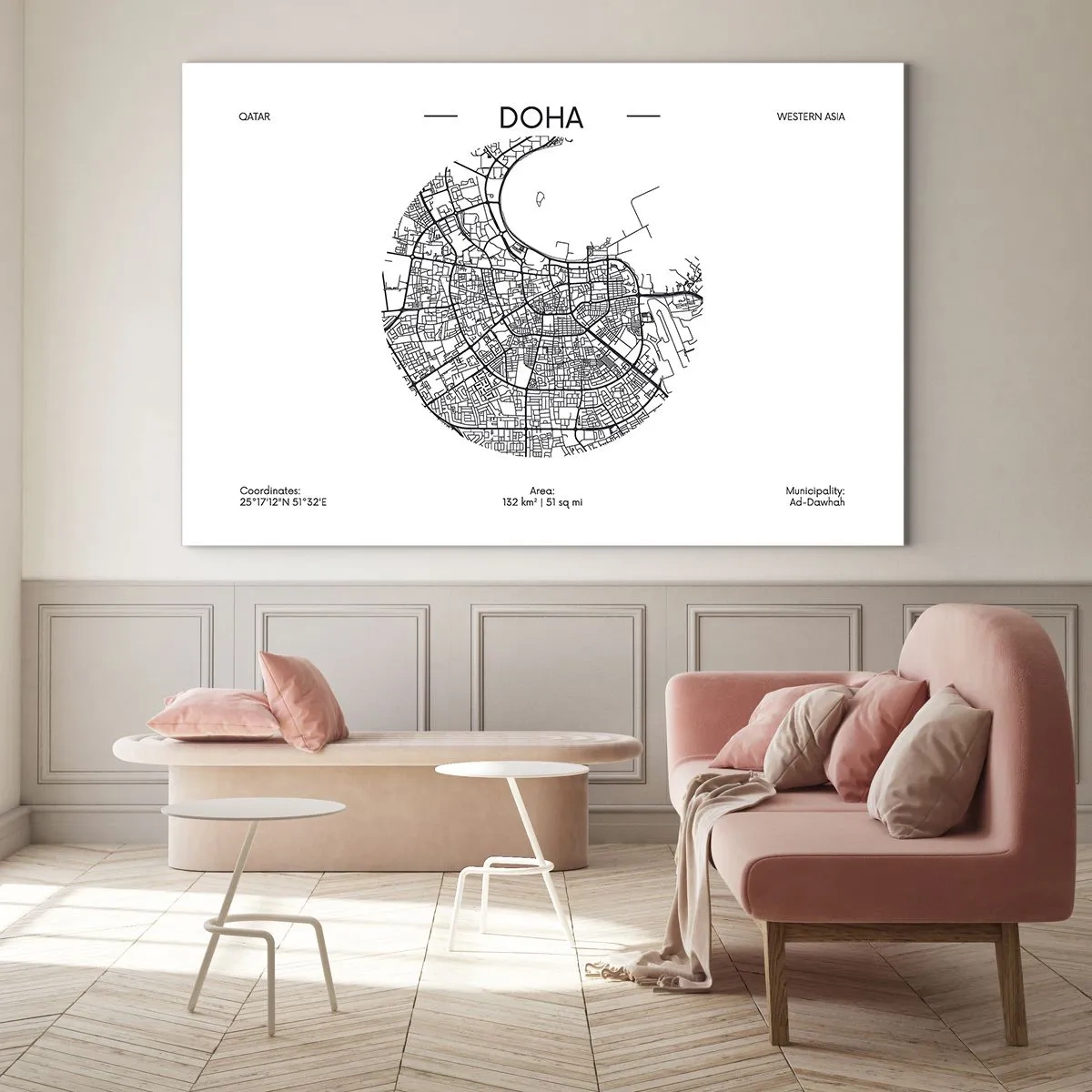 Obraz na skle - Grafická mapa Dauhy v čiernobielom minimalistickom štýle. - 70x50cm - Anatómia Dauhy - Moderná nástenná dekorácia do obývacej izby a spálne ARTTOR