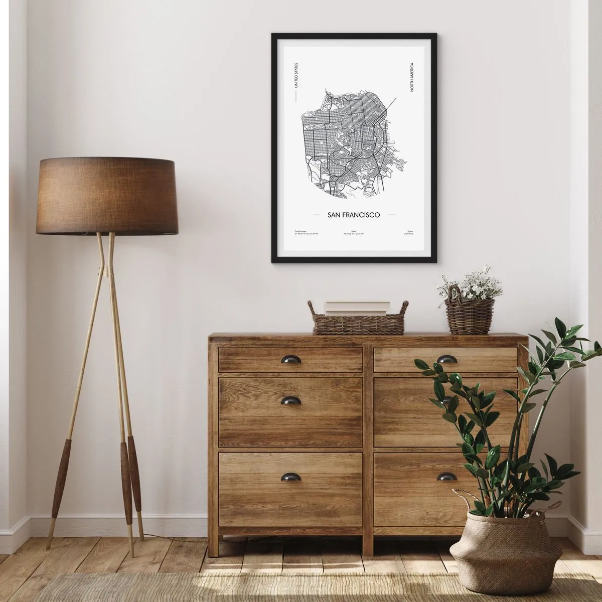Plagát v čiernom ráme - Minimalistická mapa San Francisca v čiernobielej farbe. - 50x70cm - Anatómia San Francisca - Moderná nástenná dekorácia do obývacej izby a spálne ARTTOR