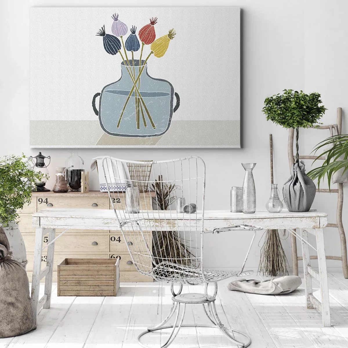 Obraz na plátne - Farebné suché kvety vo váze na bielom pozadí - 70x50cm - Makové kvety - Moderná nástenná dekorácia do obývacej izby a spálne ARTTOR