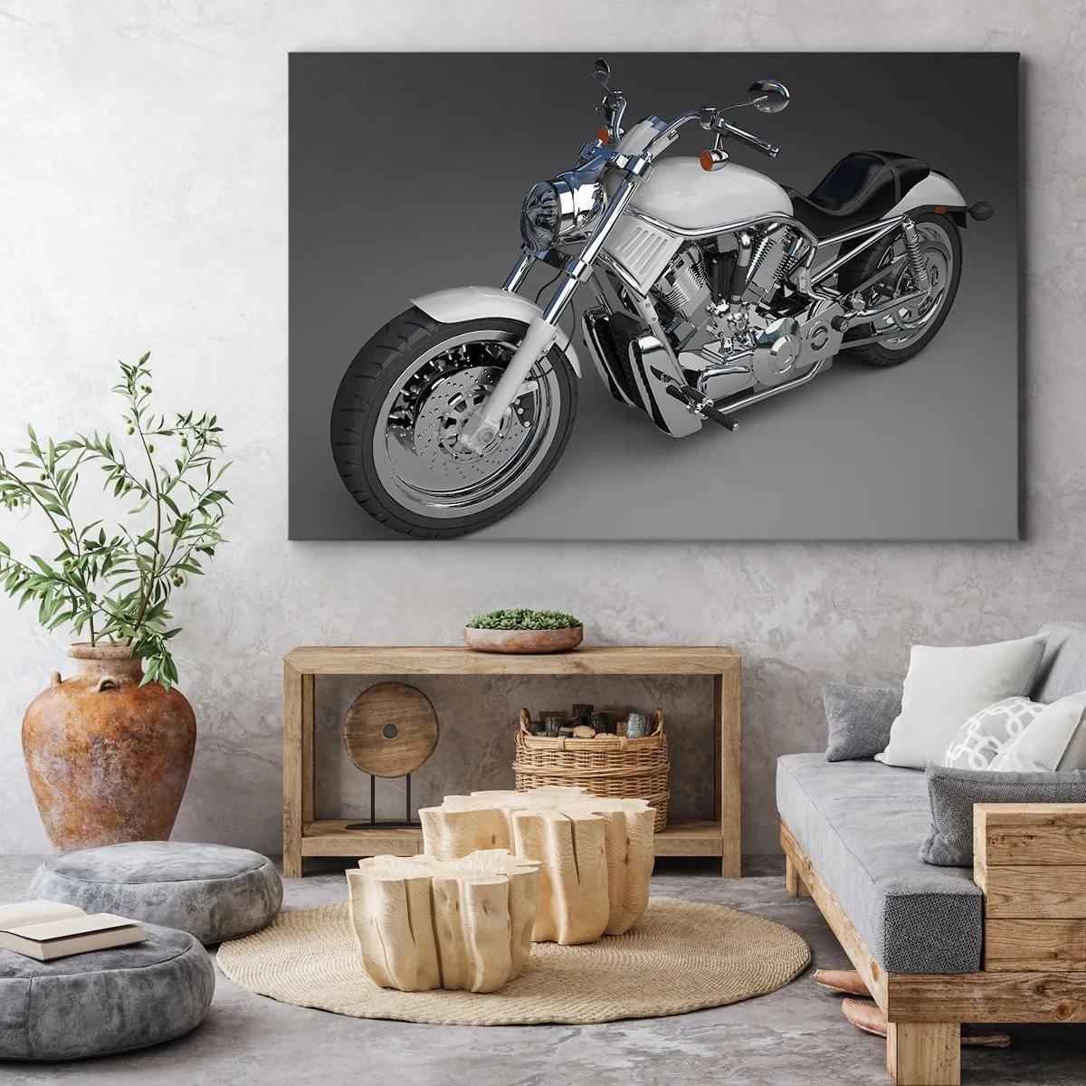 Obraz na plátne - Biely cruiser motocykel na sivom pozadí - 70x50cm - Až si chcete kľaknúť - Moderná nástenná dekorácia do obývacej izby a spálne ARTTOR