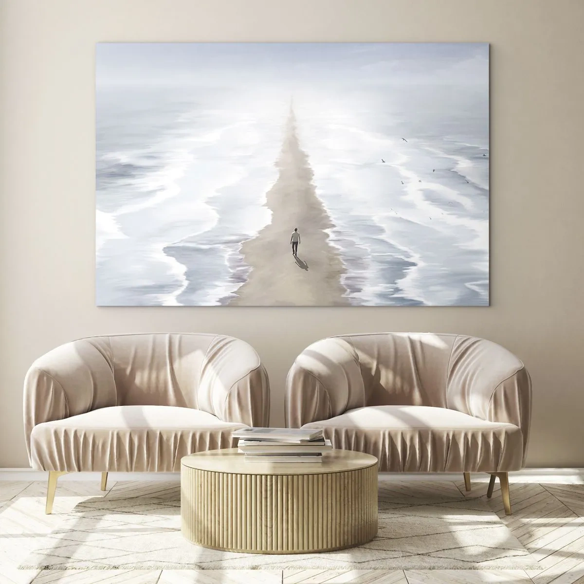 Obraz na skle - Postava kráčajúca osamote k horizontu medzi vlnami - 70x50cm - Svetlá budúcnosť - Moderná nástenná dekorácia do obývacej izby a spálne ARTTOR