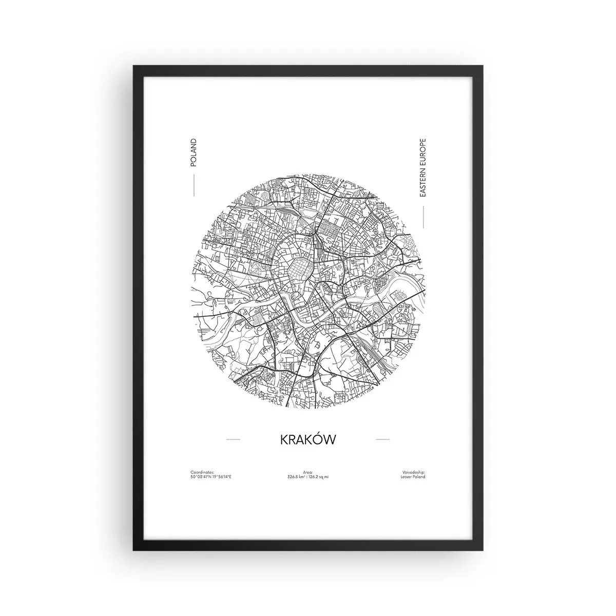 Plagát v čiernom ráme - Minimalistická mapa Krakova v kruhu - 50x70cm - Anatómia Krakova - Moderná nástenná dekorácia do obývacej izby a spálne ARTTOR