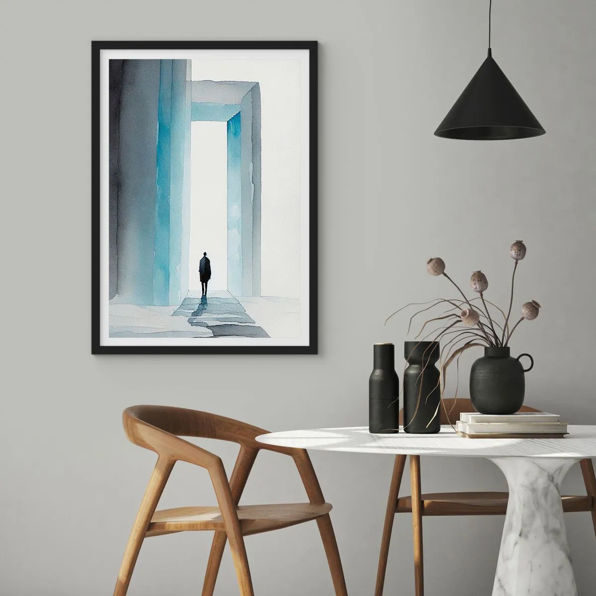 Plagát v čiernom ráme - Postava prechádzajúca modrou bránou symbolizujúca slobodu a neobmedzené možnosti - 50x70cm - Ži bez obmedzenia - Moderná nástenná dekorácia do obývacej izby a spálne ARTTOR