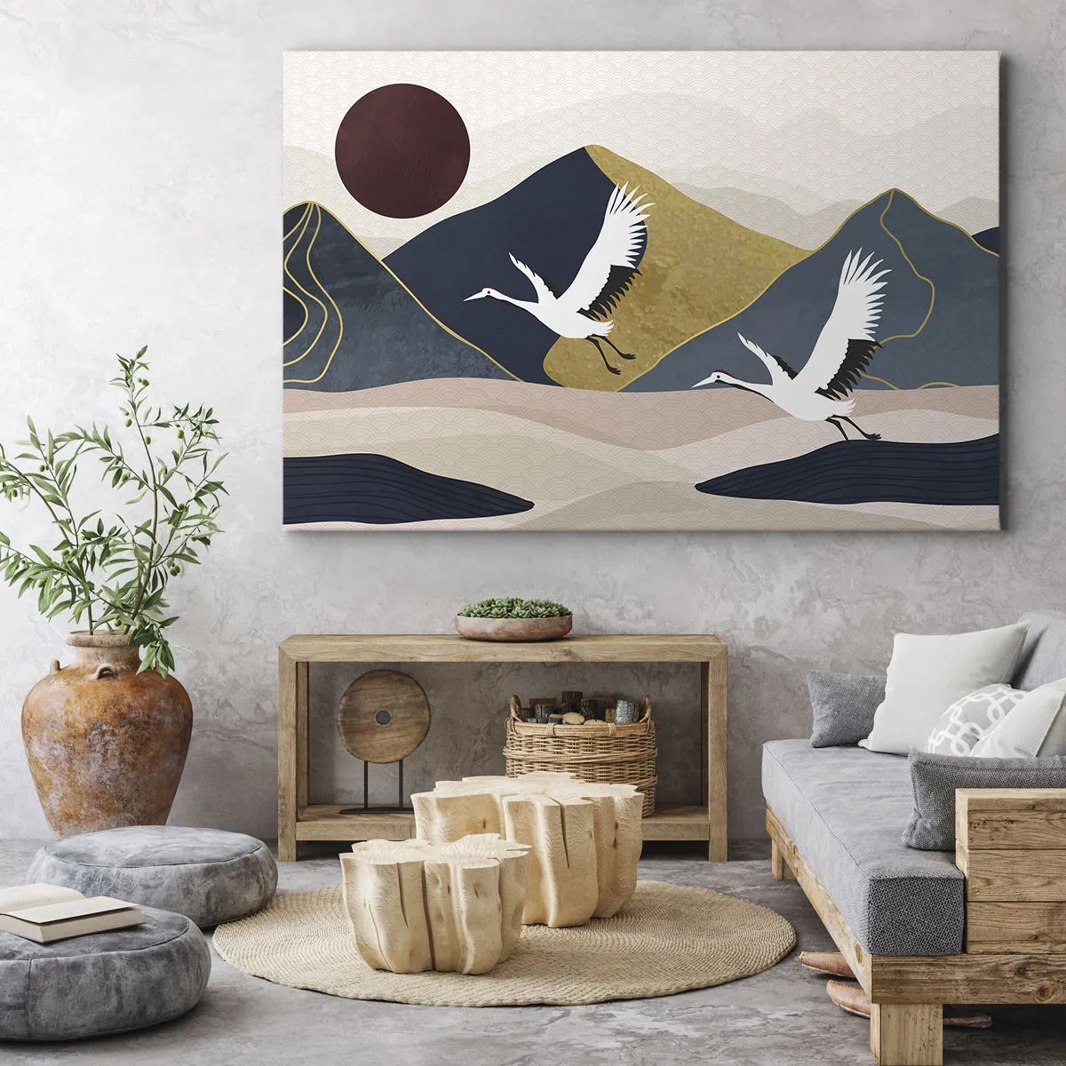 Obraz na plátne - Žeriavy za letu na pozadí hôr a červeného slnka - 70x50cm - Opäť ubehol ďalší deň - Moderná nástenná dekorácia do obývacej izby a spálne ARTTOR