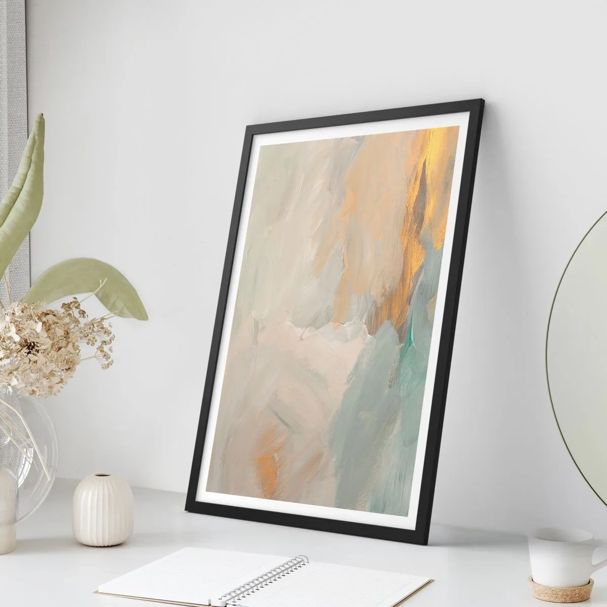 Plagát v čiernom ráme - Abstraktná maľba v pastelových odtieňoch - 50x70cm - Abstrakcia – krajina nehy - Moderná nástenná dekorácia do obývacej izby a spálne ARTTOR
