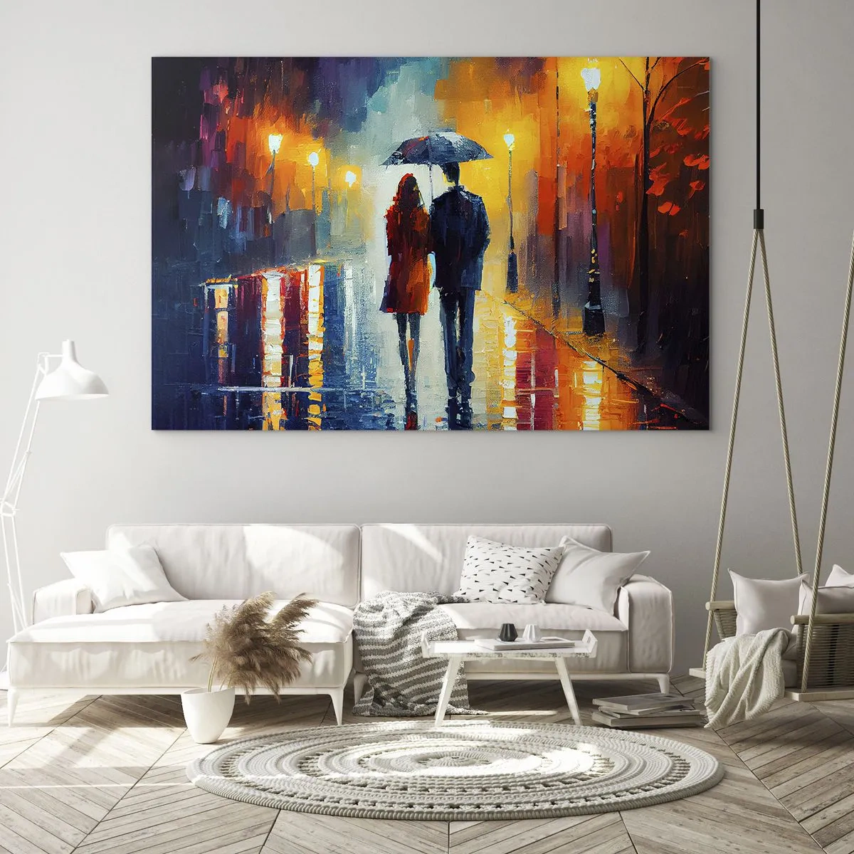 Obraz na skle - Pár pod dáždnikom na farebnej nočnej ulici v daždi. - 70x50cm - Spolu – farebná noc - Moderná nástenná dekorácia do obývacej izby a spálne ARTTOR