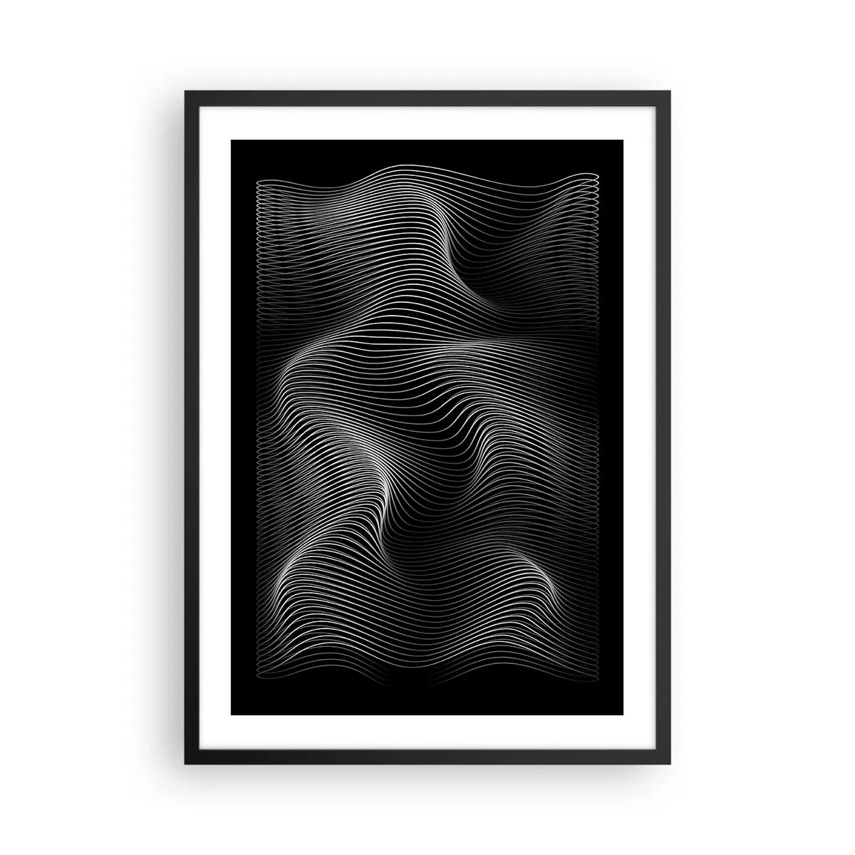 Plagát v čiernom ráme - Minimalistické vlny v čiernej a bielej farbe - 50x70cm - Tanec svetla v priestore - Moderná nástenná dekorácia do obývacej izby a spálne ARTTOR