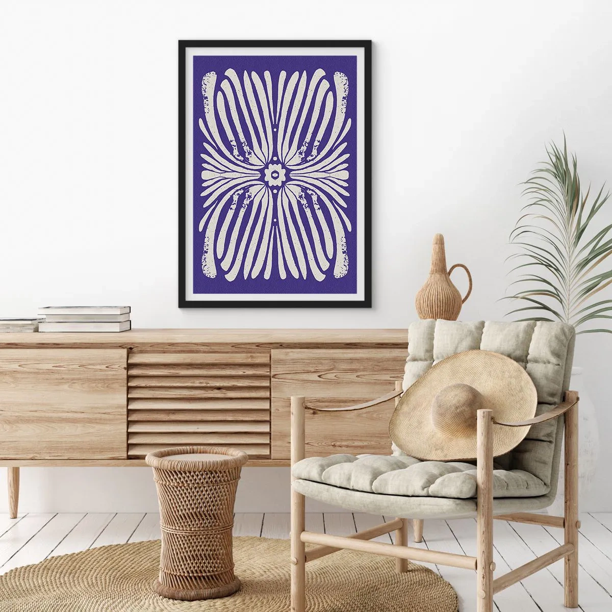 Plagát v čiernom ráme - Symetrický retro kvetinový vzor na námorníckom modrom pozadí - 50x70cm - Etnické inšpirácie - Moderná nástenná dekorácia do obývacej izby a spálne ARTTOR
