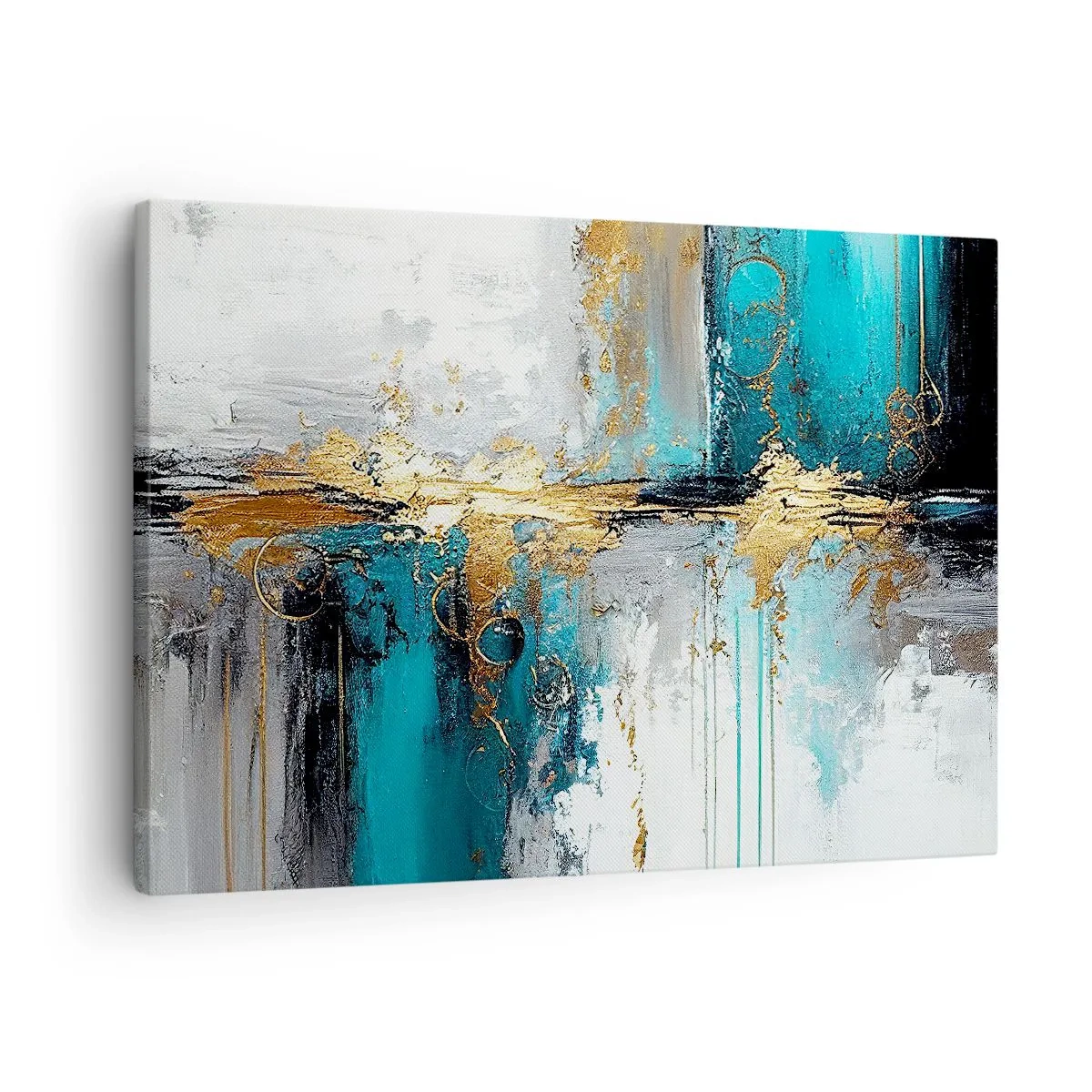 Obraz na plátne - Abstraktná kompozícia s tyrkysovými a zlatými akcentmi. - 70x50cm - Všetko plynie - Moderná nástenná dekorácia do obývacej izby a spálne ARTTOR