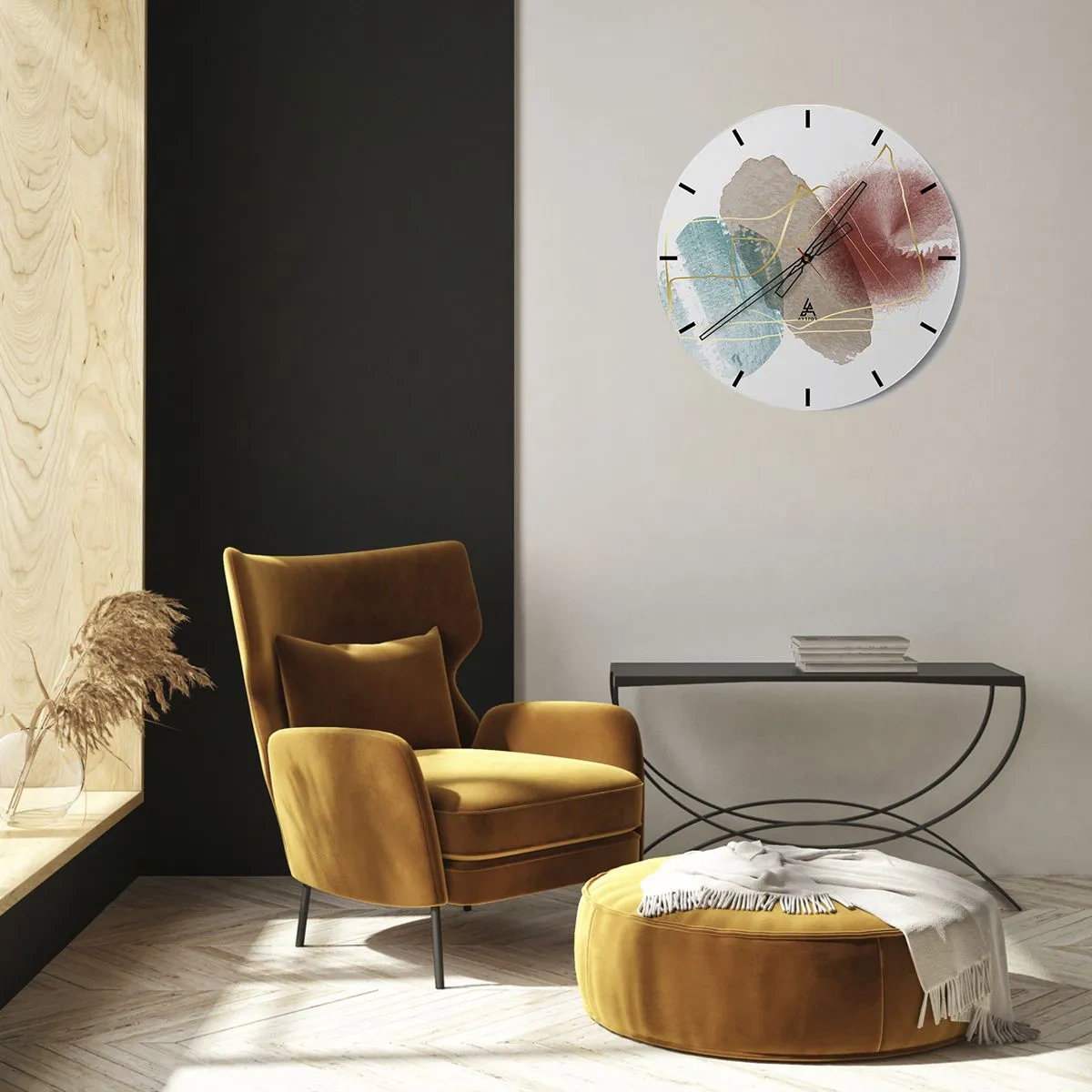 Nástenné hodiny - Farebné akvarelové špliechajúce farby a zlaté čiary na bielom pozadí - 30x30cm - Korálky priestoru - Moderná nástenná dekorácia do obývacej izby, kuchyne a spálne ARTTOR