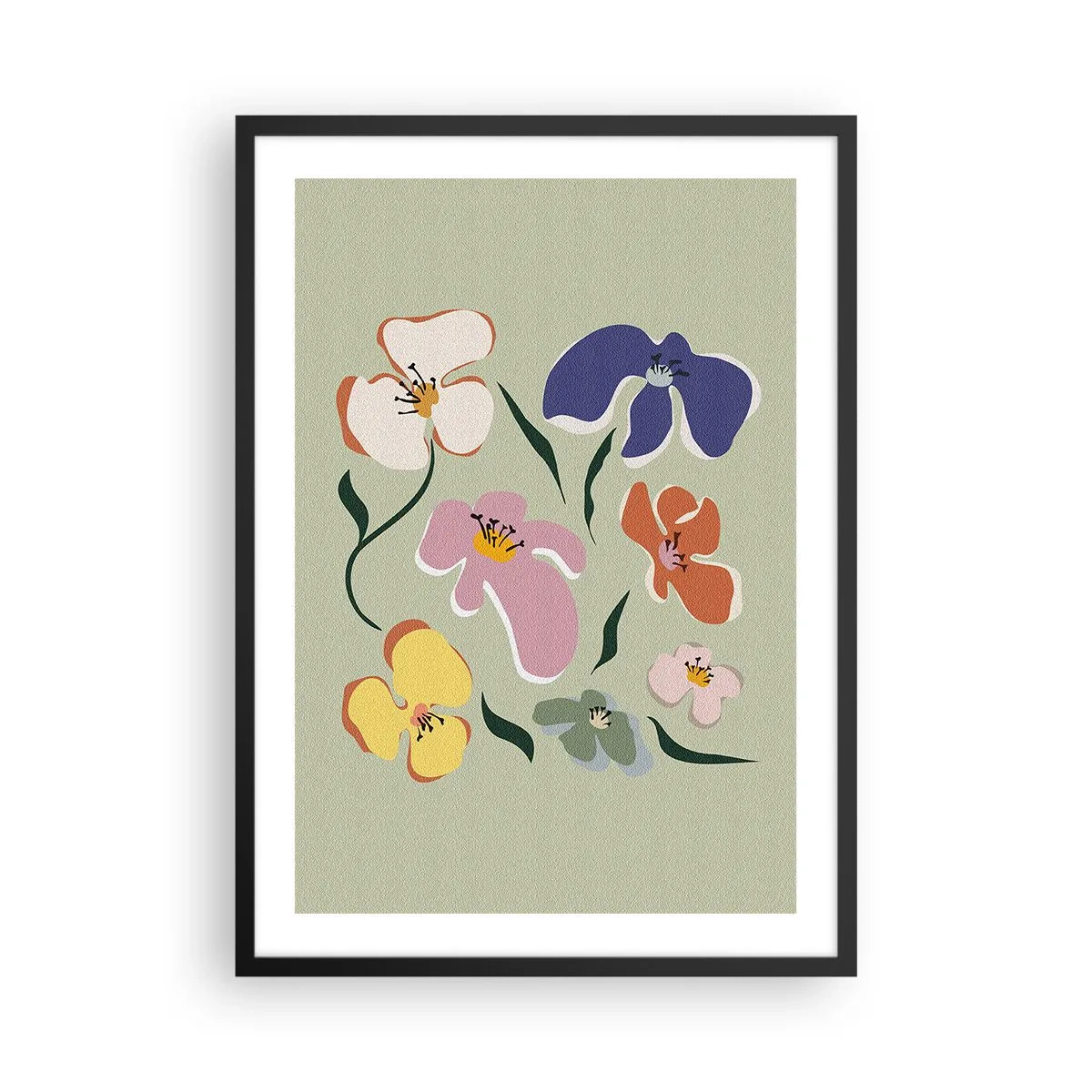 Plagát v čiernom ráme - Farebné kvety na zelenom pozadí v umeleckom štýle - 50x70cm - Fialky - Moderná nástenná dekorácia do obývacej izby a spálne ARTTOR