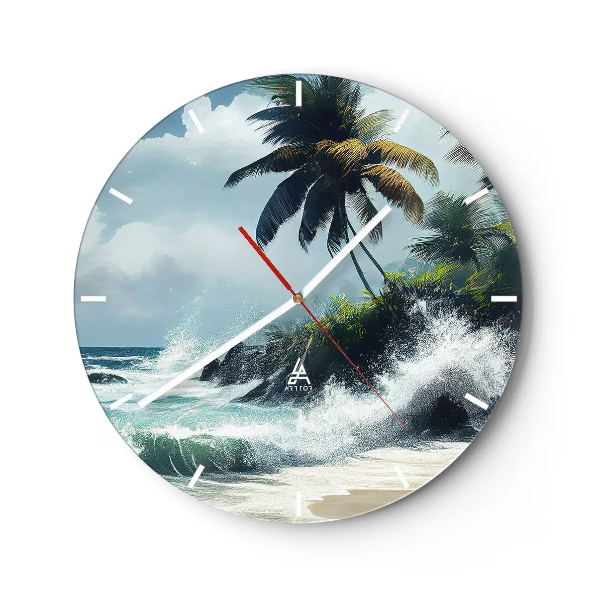 Nástenné hodiny - Tropická pláž s palmami a burácajúcimi oceánskymi vlnami - 30x30cm - Na tropickom pobreží - Moderná nástenná dekorácia do obývacej izby, kuchyne a spálne ARTTOR
