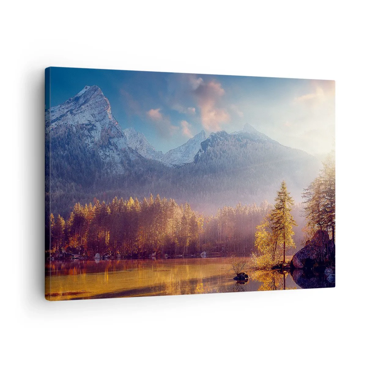 Obraz na plátne - Malebný výhľad na horský les a jazero za úsvitu - 70x50cm - V horách a údoliach - Moderná nástenná dekorácia do obývacej izby a spálne ARTTOR