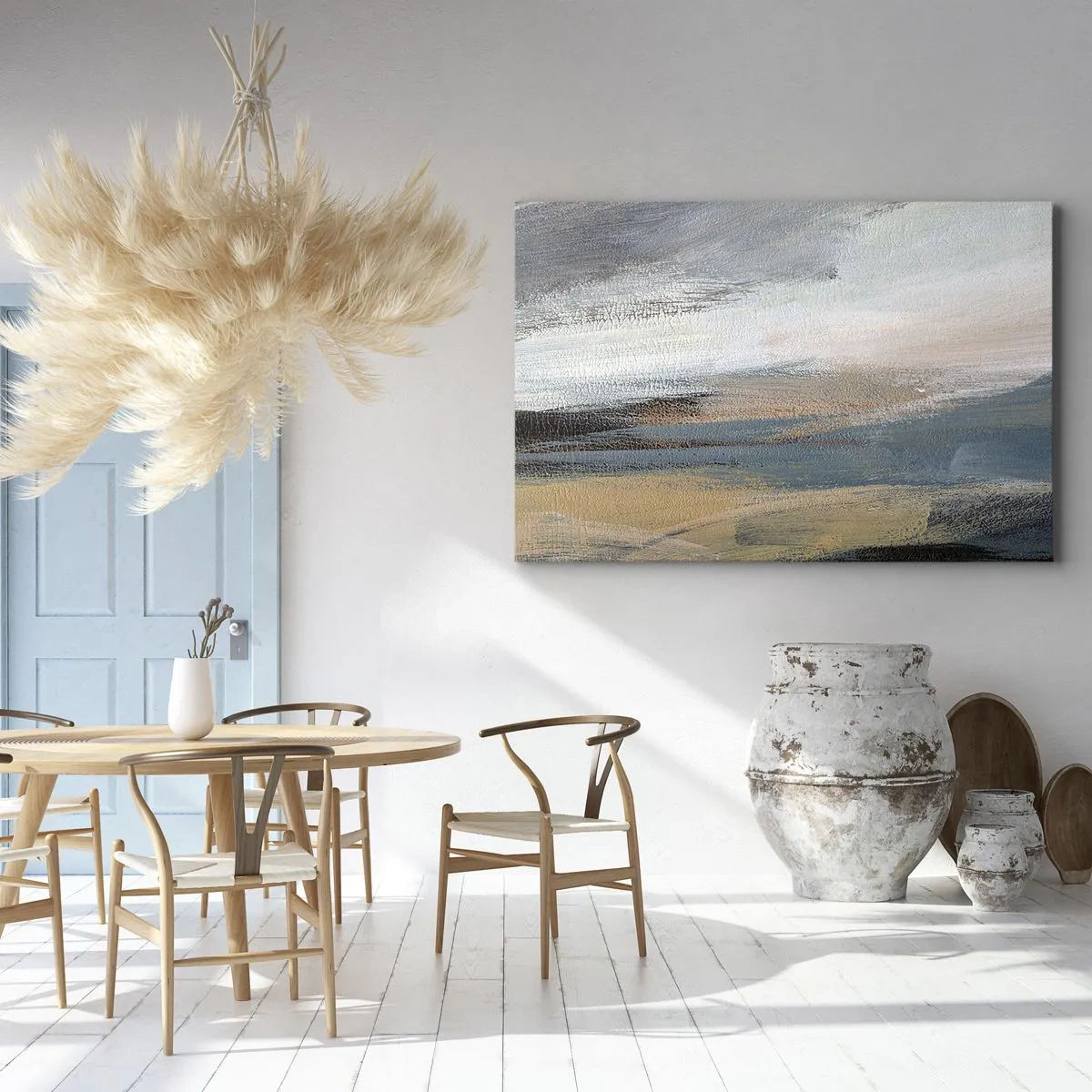 Obraz na plátne - Abstraktná krajina v tlmených odtieňoch modrej a béžovej - 70x50cm - Abstrakcia: severná krajina - Moderná nástenná dekorácia do obývacej izby a spálne ARTTOR