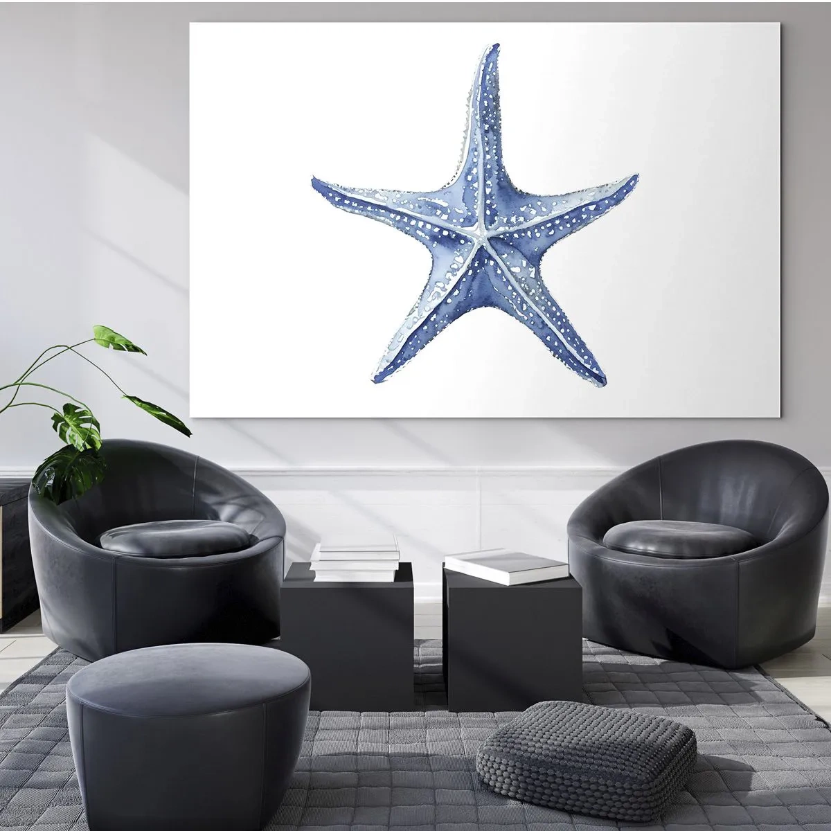 Obraz na skle - Modrá hviezdica na bielom pozadí v akvarelovom štýle - 70x50cm - Hviezda mora - Moderná nástenná dekorácia do obývacej izby a spálne ARTTOR