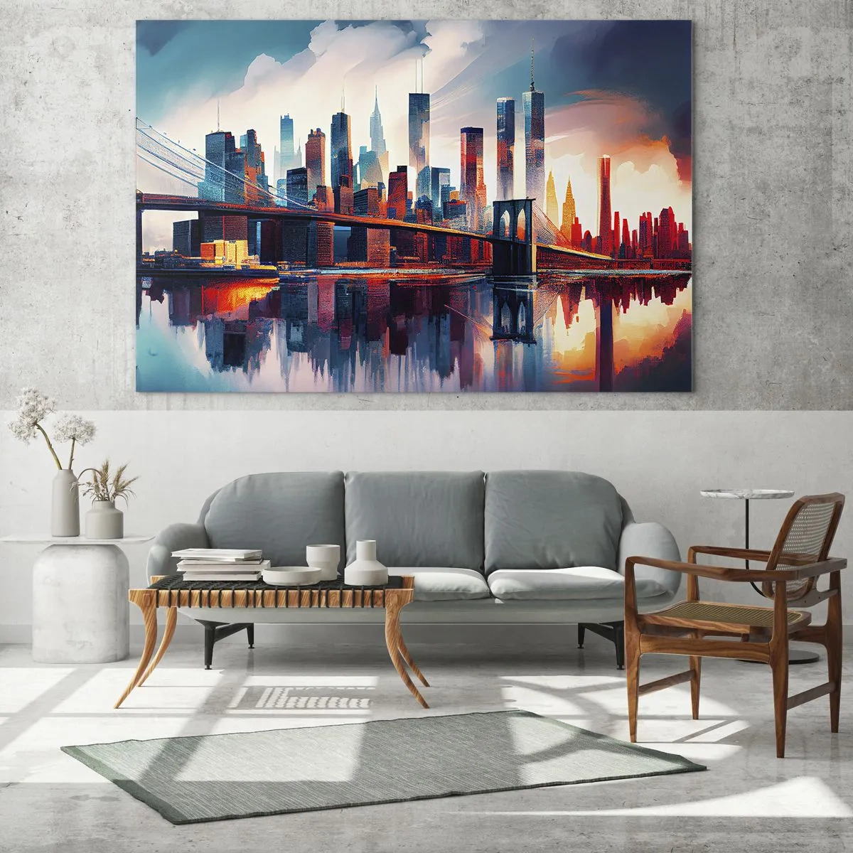 Obraz na skle - Panoráma mesta s mostom na pozadí farebnej oblohy a odrazu vo vode - 70x50cm - Famózny New York - Moderná nástenná dekorácia do obývacej izby a spálne ARTTOR