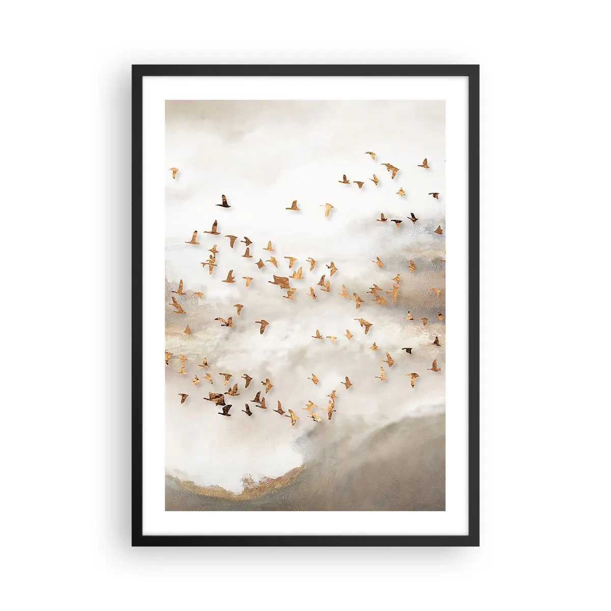 Plagát v čiernom ráme - Kŕdeľ vtákov sa vznáša medzi hmlistými oblakmi - 50x70cm - Už je čas... - Moderná nástenná dekorácia do obývacej izby a spálne ARTTOR