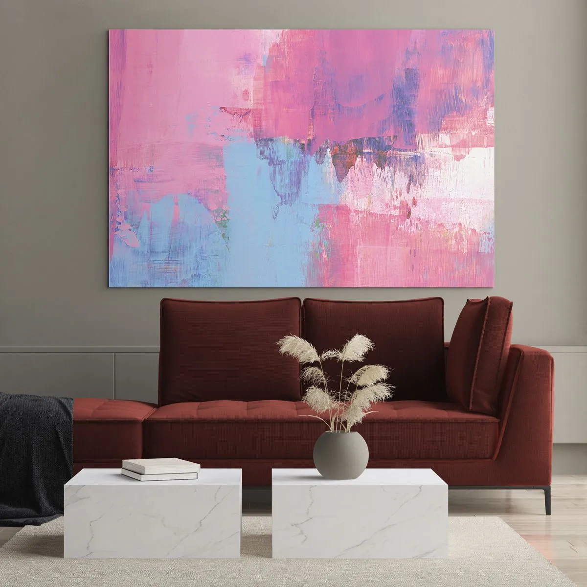Obraz na skle - Energická abstrakcia v odtieňoch ružovej a modrej - 70x50cm - Ružová, modrá a štipka svetla - Moderná nástenná dekorácia do obývacej izby a spálne ARTTOR