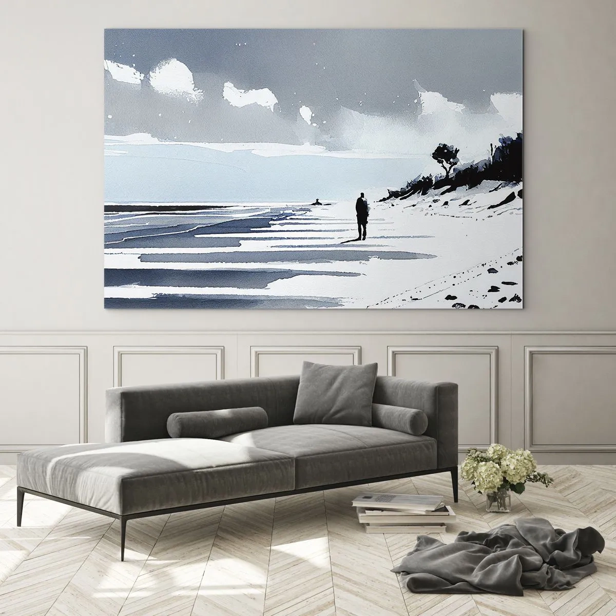 Obraz na skle - Silueta osamelého človeka kráčajúceho po prázdnej pláži - 70x50cm - O samote - Moderná nástenná dekorácia do obývacej izby a spálne ARTTOR