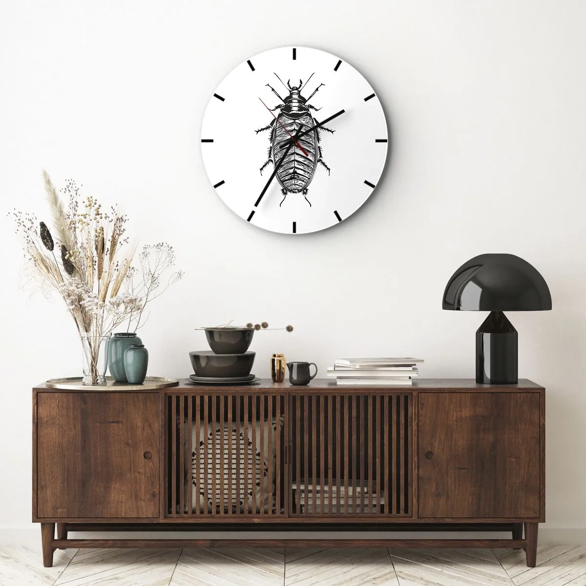 Nástenné hodiny - Grafika hmyzu v štýle rytiny na bielom pozadí - 30x30cm - Vzorový exemplár! - Moderná nástenná dekorácia do obývacej izby, kuchyne a spálne ARTTOR