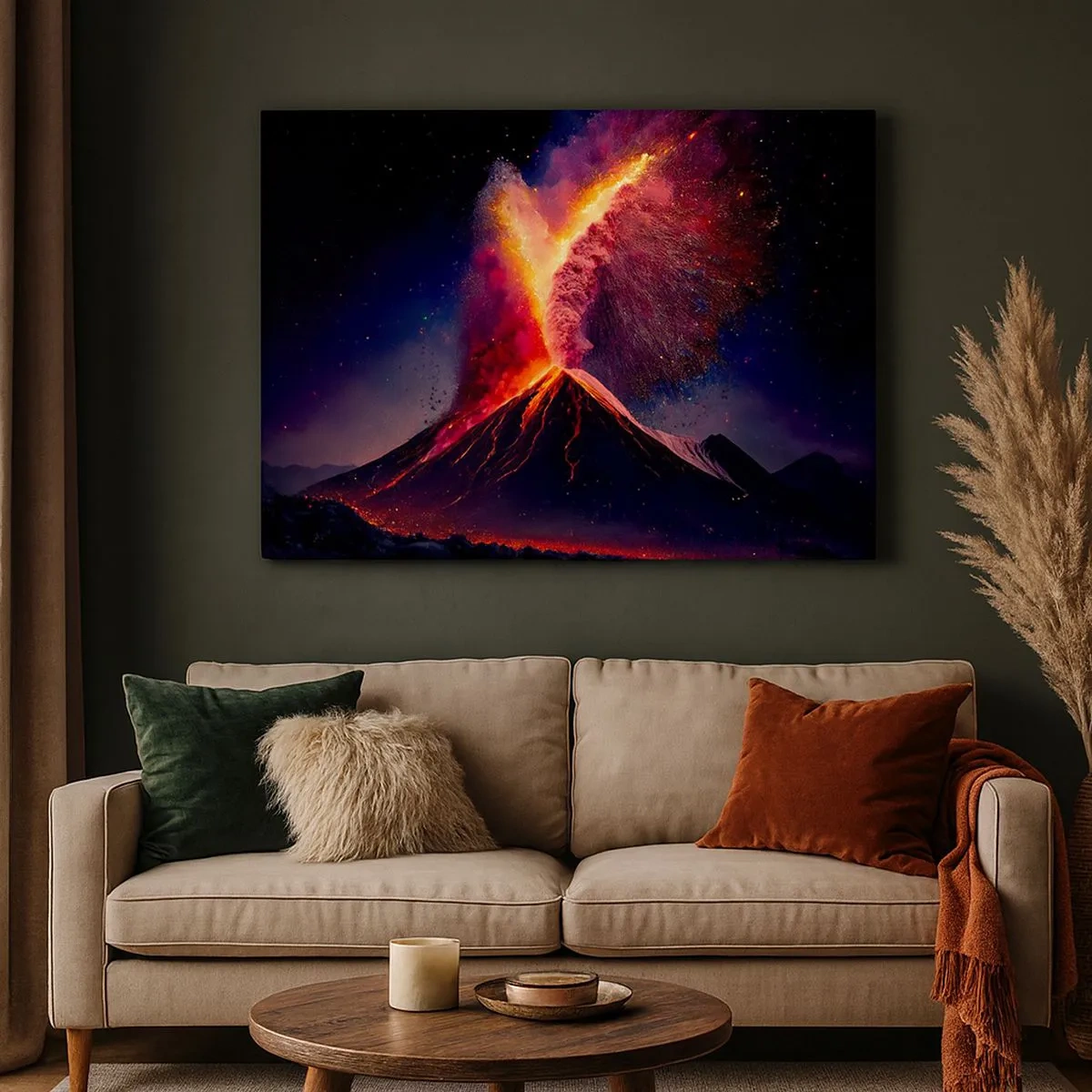 Obraz na plátne - Unikátna sopečná erupcia v noci s dynamickými farbami. - 70x50cm - Krása a hrôza - Moderná nástenná dekorácia do obývacej izby a spálne ARTTOR