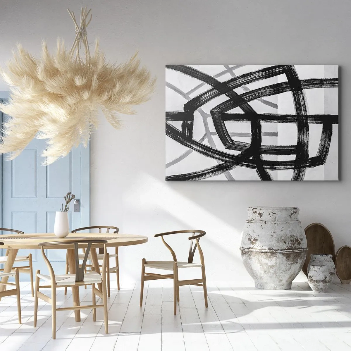 Obraz na plátne - Čiernobiele abstraktné čiary pretínajúce sa na svetlom pozadí - 70x50cm - Hĺbka - Moderná nástenná dekorácia do obývacej izby a spálne ARTTOR