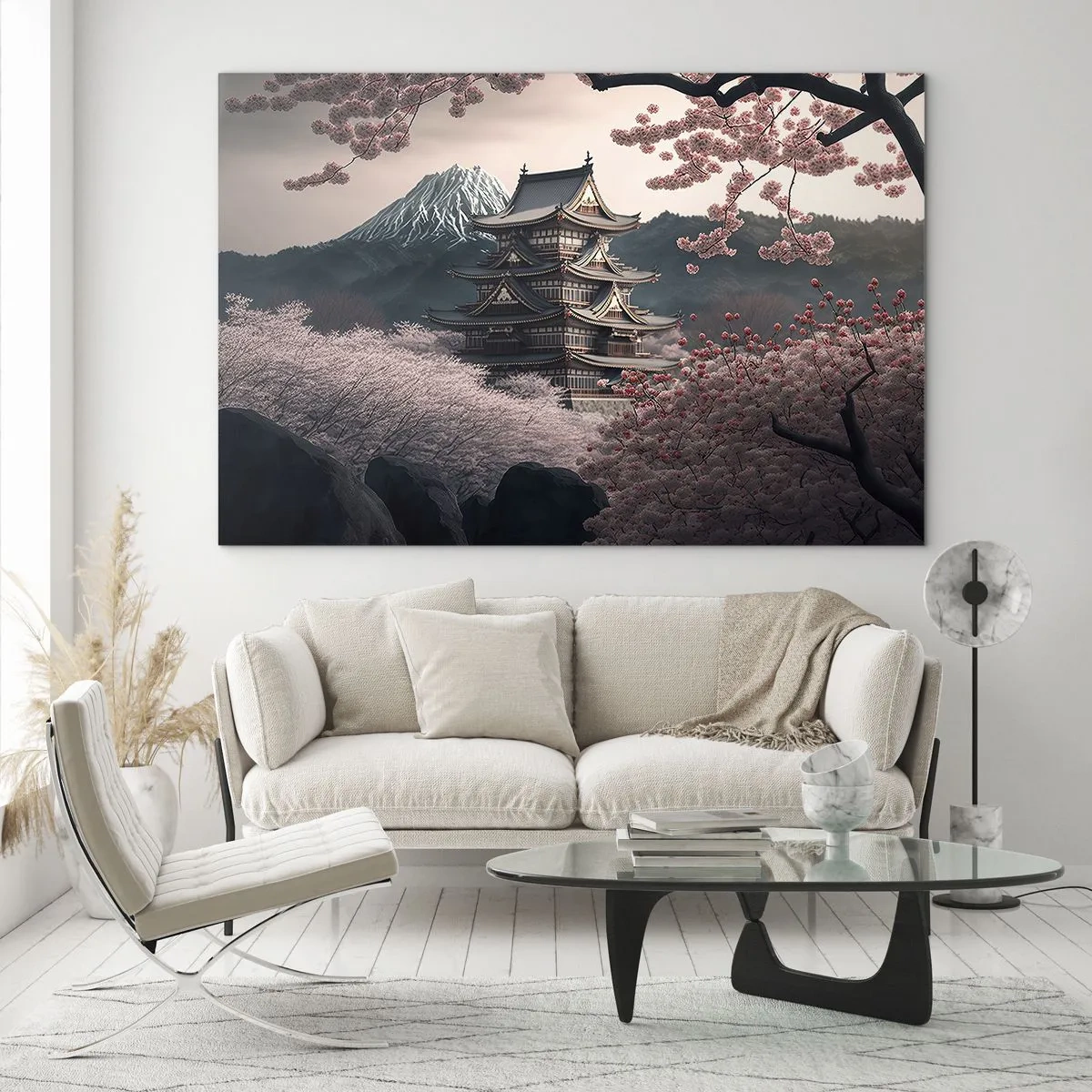 Obraz na skle - Tradičná japonská pagoda uprostred čerešňových kvetov a hôr - 70x50cm - Krajina kvitnúcich čerešní - Moderná nástenná dekorácia do obývacej izby a spálne ARTTOR
