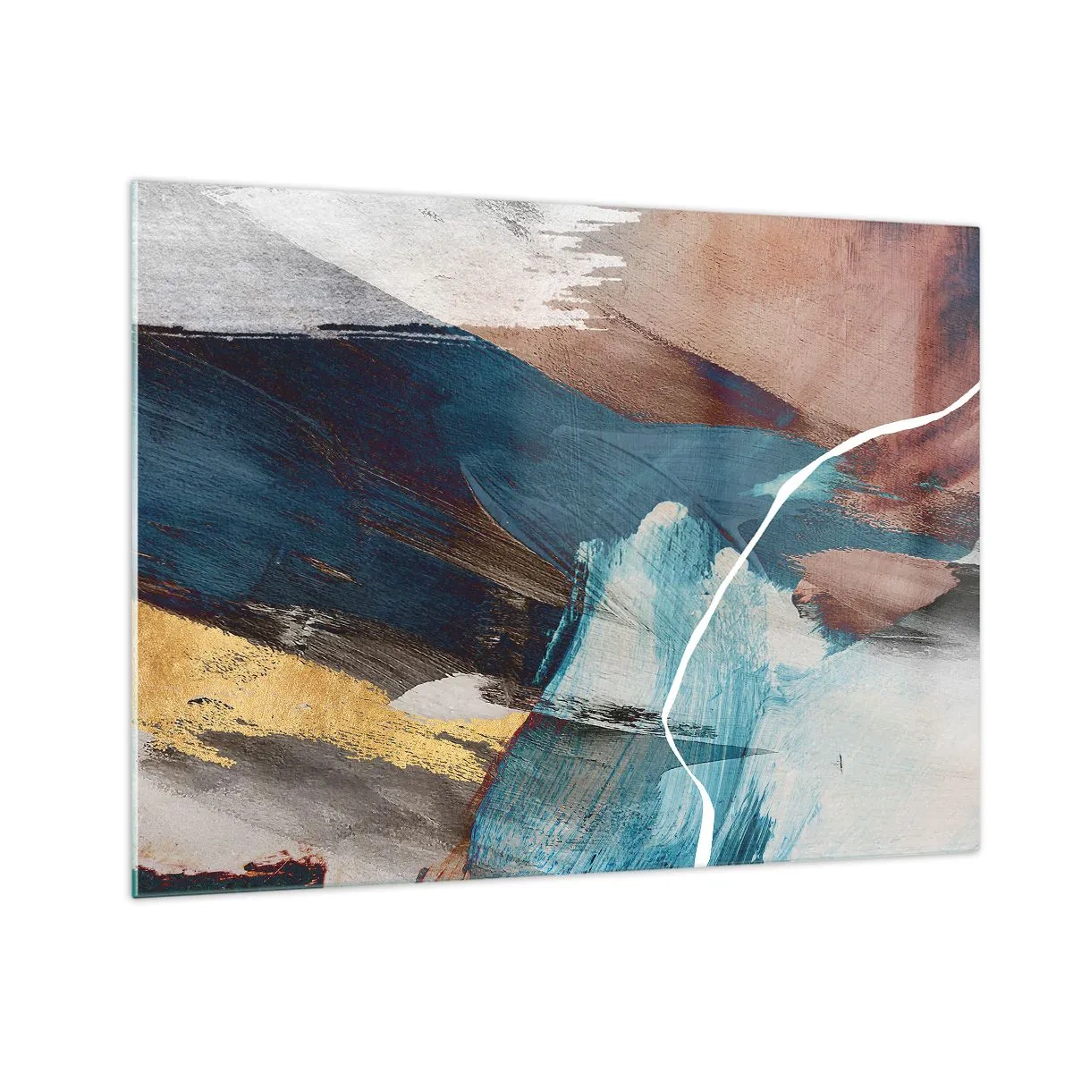 Obraz na skle - Abstraktná kompozícia v tyrkysovej, zlatej a hnedej farbe. - 70x50cm - Na plno a s energiou - Moderná nástenná dekorácia do obývacej izby a spálne ARTTOR