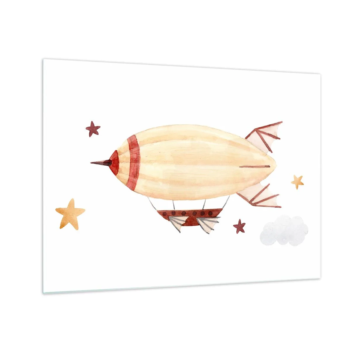 Obraz na skle - Kreslená vzducholoď medzi hviezdami na bielom pozadí - 70x50cm - Vzducholoď - Moderná nástenná dekorácia do obývacej izby a spálne ARTTOR