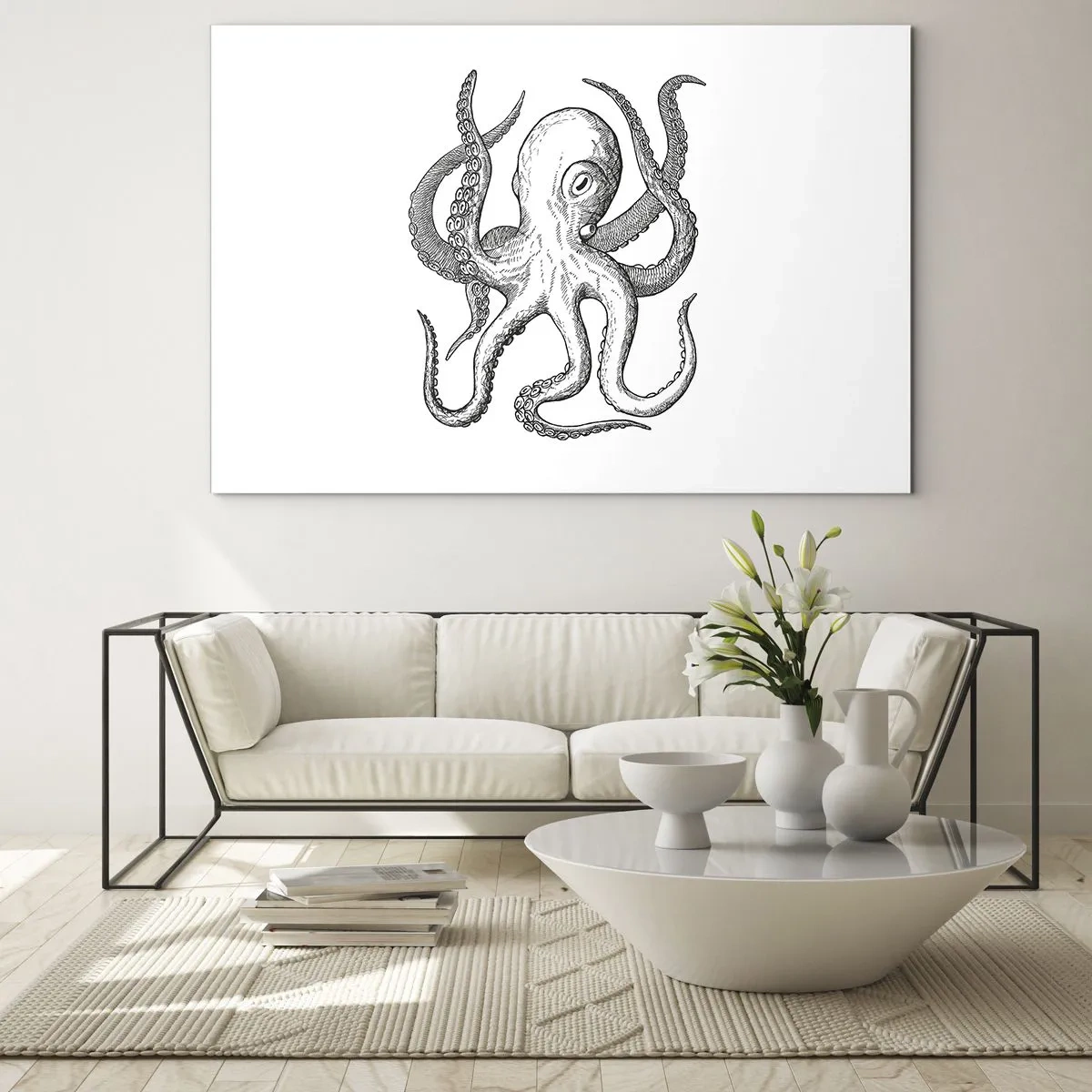 Obraz na skle - Čiernobiela kresba chobotnice na bielom pozadí - 70x50cm - Tancujúca s vlnami - Moderná nástenná dekorácia do obývacej izby a spálne ARTTOR
