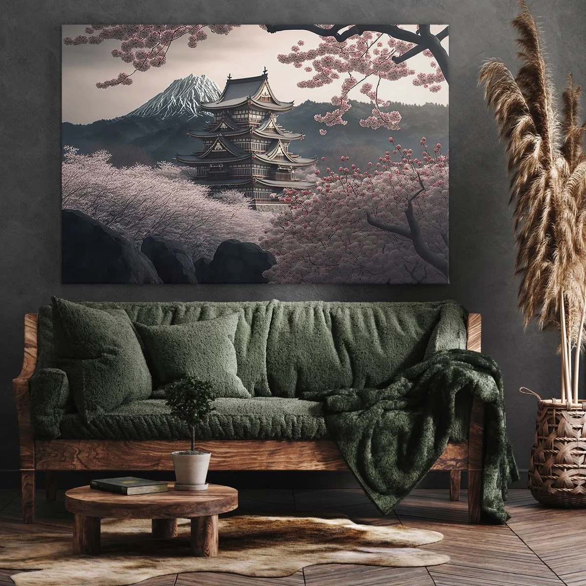Obraz na plátne - Japonský chrám obklopený čerešňovými kvetmi a horami - 70x50cm - Krajina kvitnúcich čerešní - Moderná nástenná dekorácia do obývacej izby a spálne ARTTOR