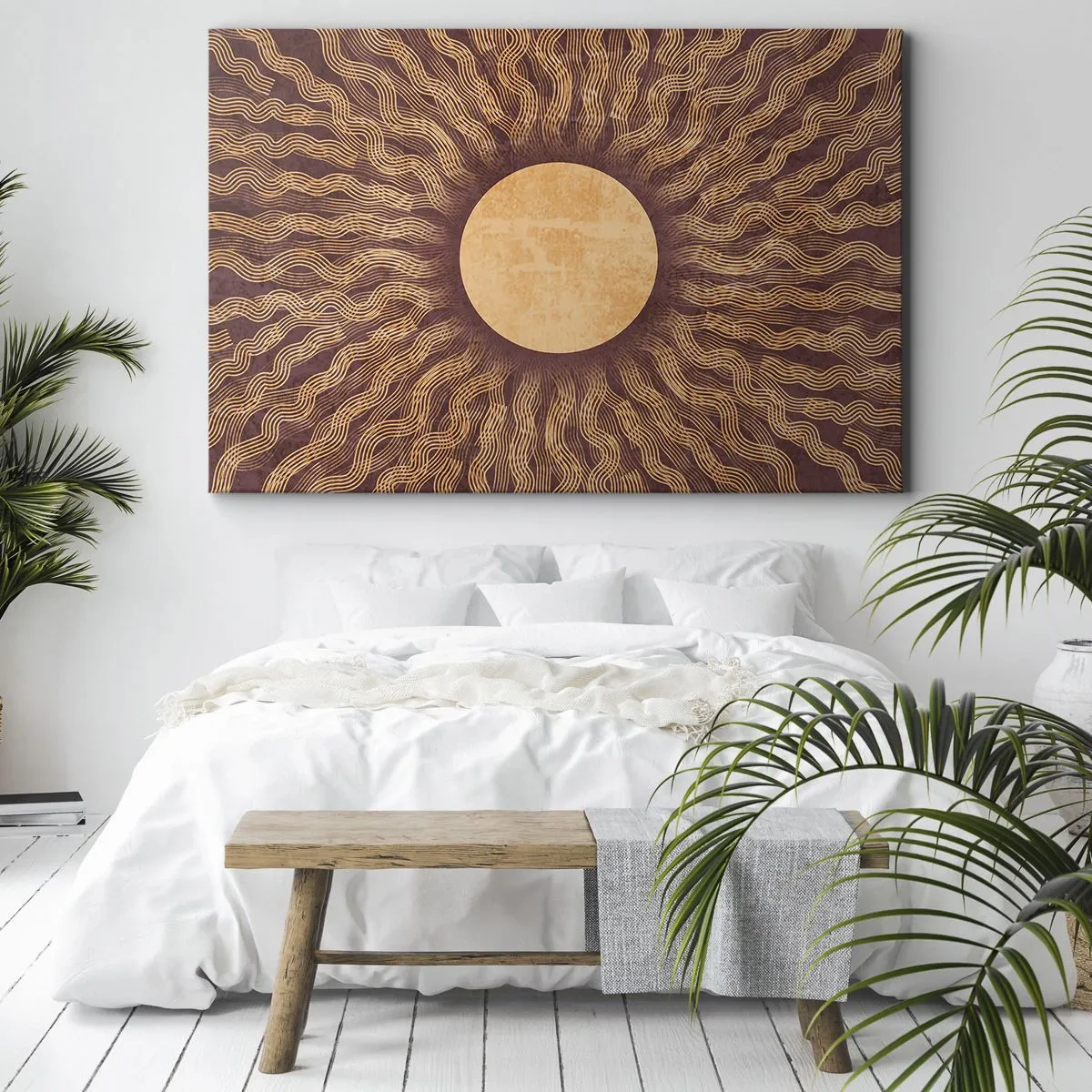 Obraz na plátne - Slnečný vzor s lúčmi na pozadí v odtieňoch hnedej - 70x50cm - Ikona slnka - Moderná nástenná dekorácia do obývacej izby a spálne ARTTOR