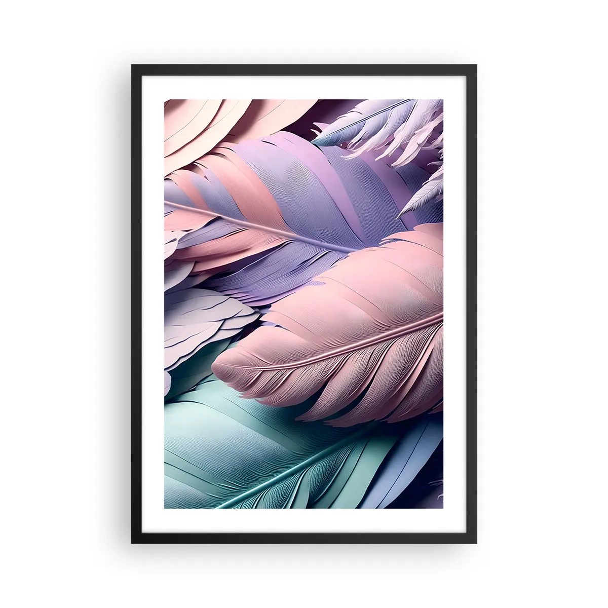 Plagát v čiernom ráme - Pastelové pierka v jemných odtieňoch - 50x70cm - Vtáčí štýl - Moderná nástenná dekorácia do obývacej izby a spálne ARTTOR