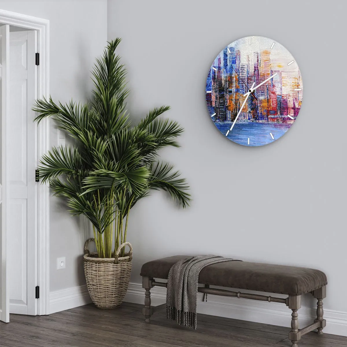 Nástenné hodiny - Farebné mrakodrapy nad vodou v expresívnom, maliarskom štýle - 30x30cm - Radostná metropola - Moderná nástenná dekorácia do obývacej izby, kuchyne a spálne ARTTOR