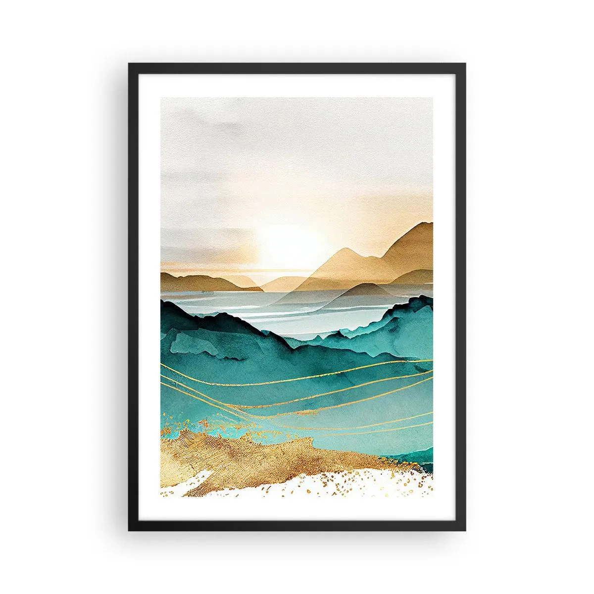 Plagát v čiernom ráme - Malebná horská krajina v odtieňoch tyrkysovej a zlatej - 50x70cm - Na pokraji abstrakcie – krajina - Moderná nástenná dekorácia do obývacej izby a spálne ARTTOR