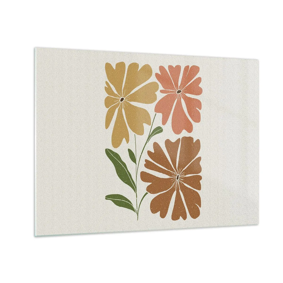 Obraz na skle - Tri štylizované kvety v teplých farbách na svetlom pozadí - 70x50cm - Príroda a geometria - Moderná nástenná dekorácia do obývacej izby a spálne ARTTOR