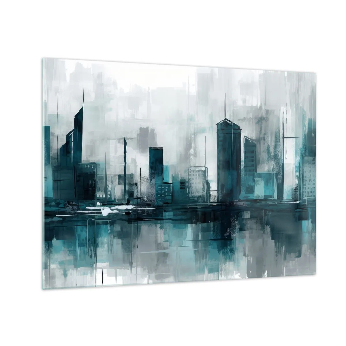 Obraz na skle - Moderné mesto v odtieňoch modrej a sivej - 70x50cm - Mesto vo farbe dažďa - Moderná nástenná dekorácia do obývacej izby a spálne ARTTOR