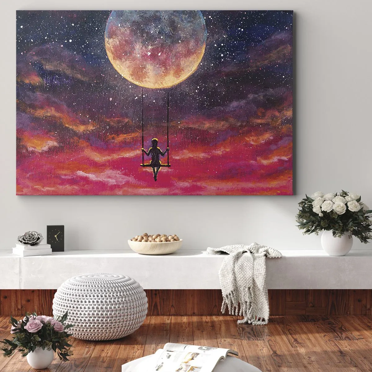 Obraz na plátne - Postava na hojdačke zavesená na pozadí mesiaca - 70x50cm - Stavať si vzdušné zámky - Moderná nástenná dekorácia do obývacej izby a spálne ARTTOR
