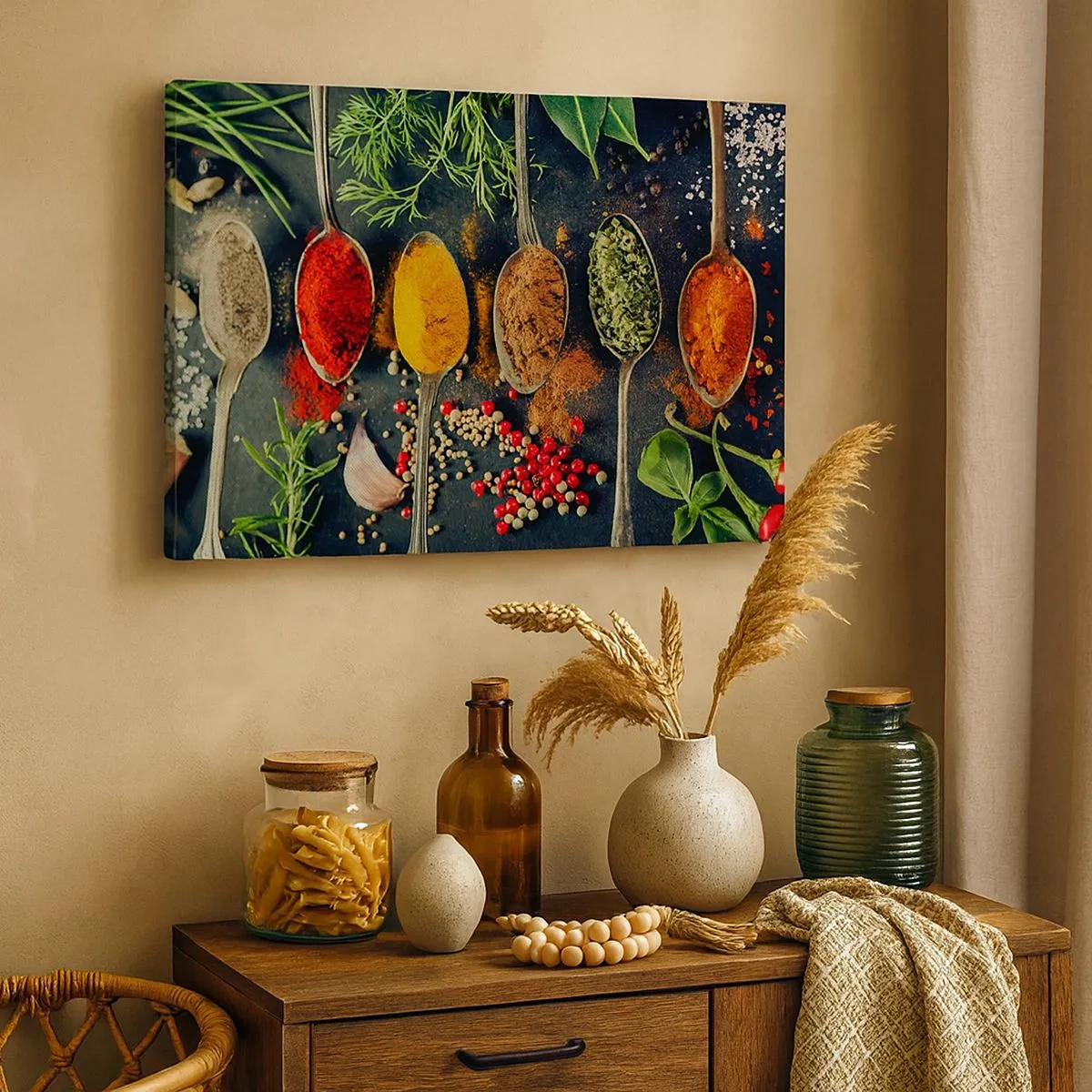 Obraz na plátne - Farebné korenie na lyžičkách s bylinkami v pozadí - 70x50cm - Kulinárska mágia - Moderná nástenná dekorácia do obývacej izby a spálne ARTTOR