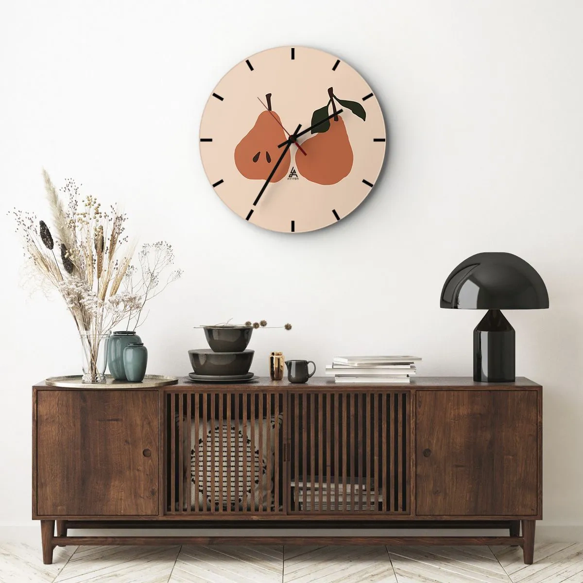 Nástenné hodiny - Dve hrušky v teplých farbách na béžovom pozadí - 30x30cm - Číra sladkosť - Moderná nástenná dekorácia do obývacej izby, kuchyne a spálne ARTTOR