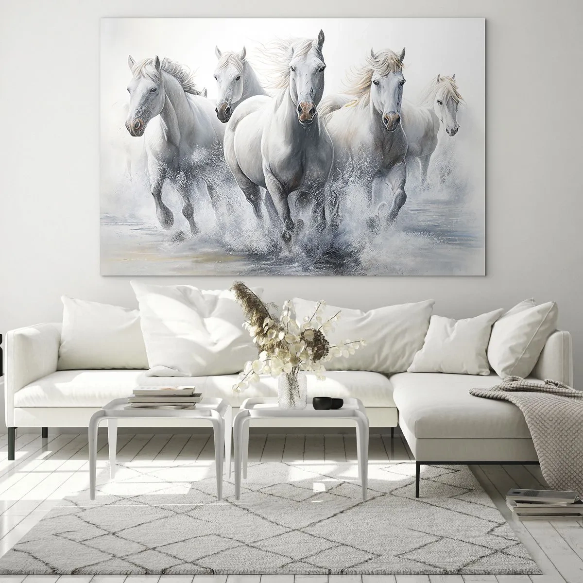 Obraz na skle - Biele kone cválajúce cez vodu v dynamickej kompozícii - 70x50cm - Biela mágia - Moderná nástenná dekorácia do obývacej izby a spálne ARTTOR